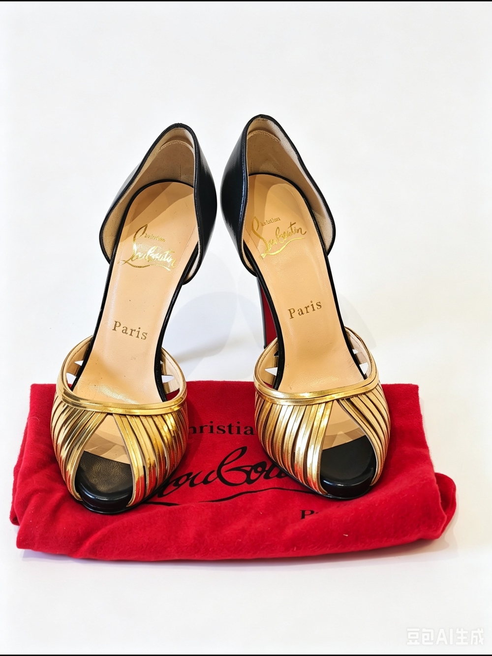 Christian Louboutin Black and Gold Open-Toe D'Orsay Pumps
